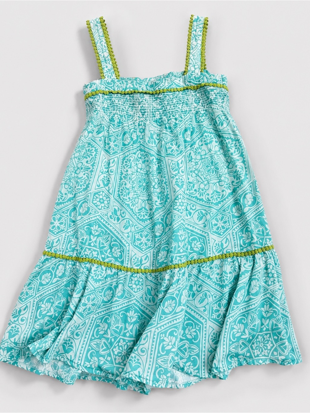 Gap Girls Aqua White Smocked Sundress Pom Trim Lined XS 4-5 Turquoise Lime Green
